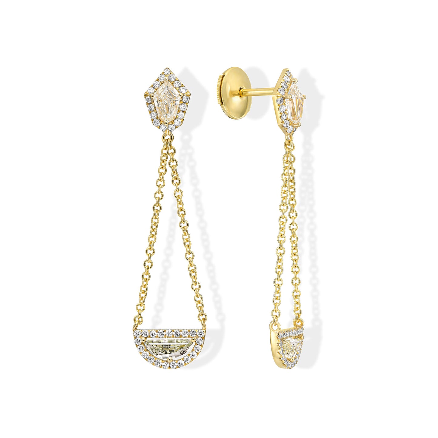 1.34tcw Shield & Half Moon Shape Natural Diamond in a 18k Yellow Gold Dangling Earring, Main Stones: 0.55ct Shields 0.36ct Half Moon +0.43ct Round Stones