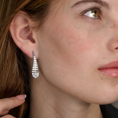 1.06 tcw Epaulette Shape Natural Diamond in a 18k White Gold Dangling Earring, Main Stones 0.89ct (Epaulette Shape) +0.17ct Round Stones, Gold Weight: 6.49 Gram