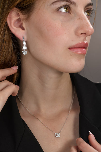 1.06 tcw Epaulette Shape Natural Diamond in a 18k White Gold Dangling Earring, Main Stones 0.89ct (Epaulette Shape) +0.17ct Round Stones, Gold Weight: 6.49 Gram