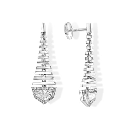 1.06 tcw Epaulette Shape Natural Diamond in a 18k White Gold Dangling Earring, Main Stones 0.89ct (Epaulette Shape) +0.17ct Round Stones, Gold Weight: 6.49 Gram