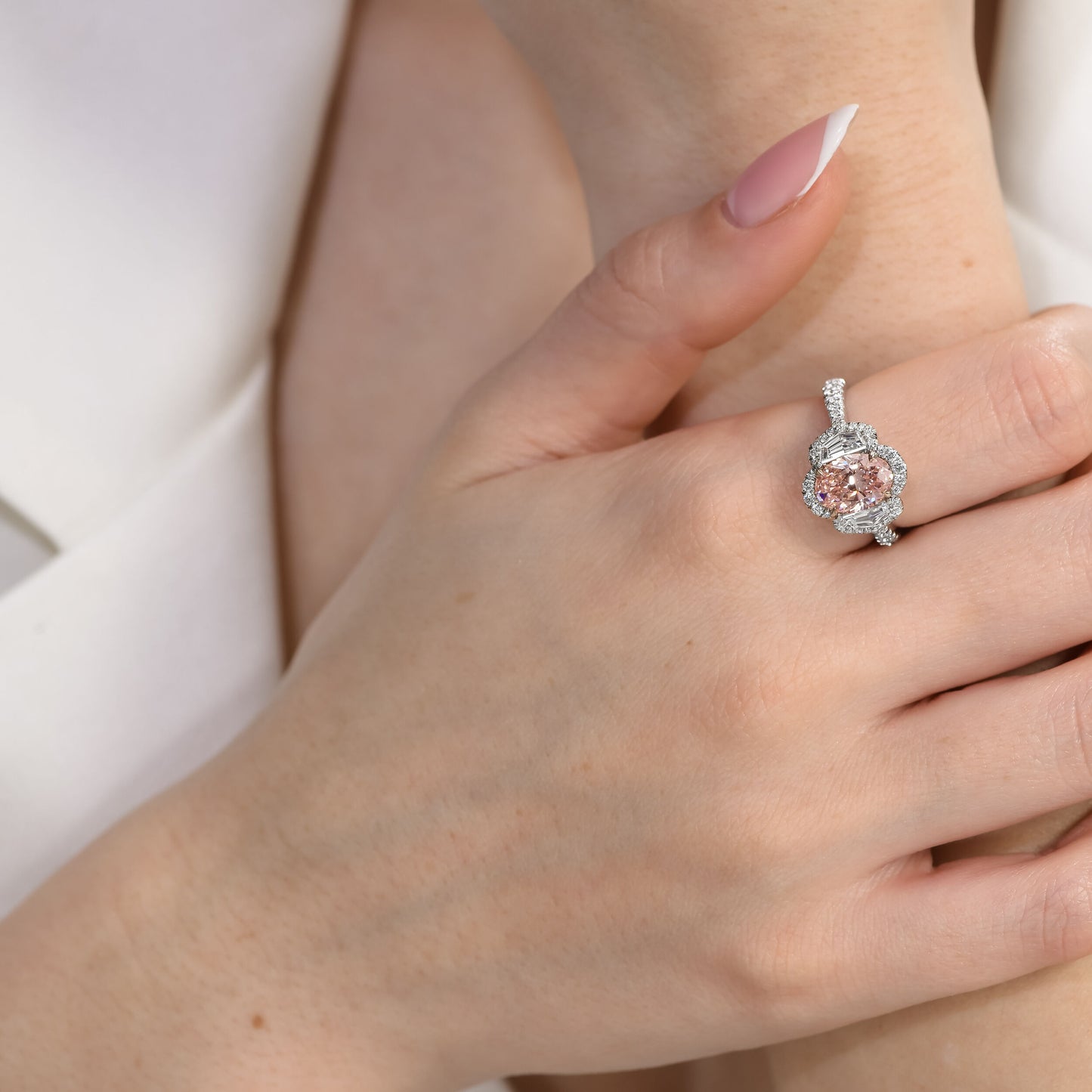 1.65ct Oval Fancy Pink (Treated Color) In 18k White Gold Statement Ring