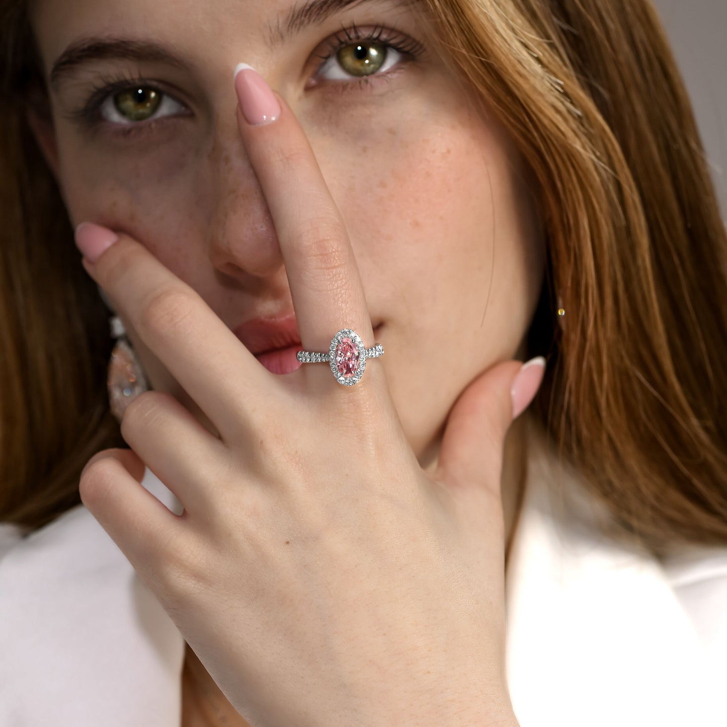 1.01 Ct Oval Fancy Intense Pink (Treated Color) in 18k White Engagement Ring