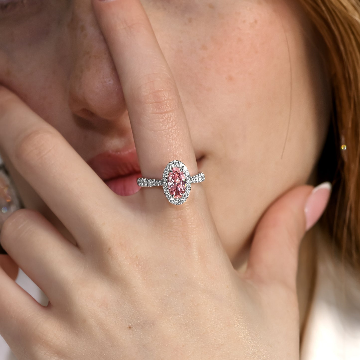 1.01 Ct Oval Fancy Intense Pink (Treated Color) in 18k White Engagement Ring