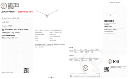 18k White Gold Solitaire Pendant With 0.83 Carat Heart Shape Natural Diamond