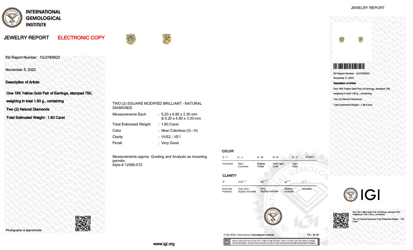 18K Yellow Gold Stud Earrings With 1.80 TCW Natural Diamond