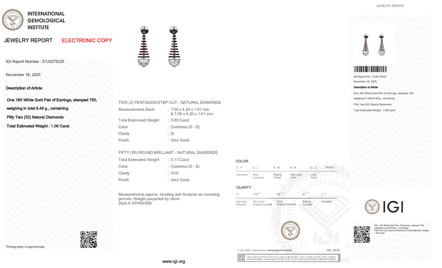 1.06 tcw Epaulette Shape Natural Diamond in a 18k White Gold Dangling Earring, Main Stones 0.89ct (Epaulette Shape) +0.17ct Round Stones, Gold Weight: 6.49 Gram