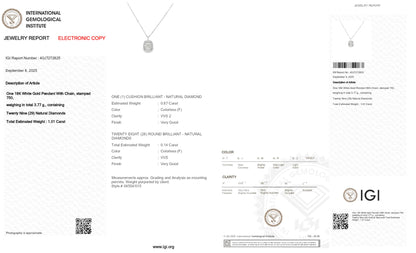 18k White Gold Halo Pendant Necklace With 1.01 tcw Cushion Cut Natural Diamond