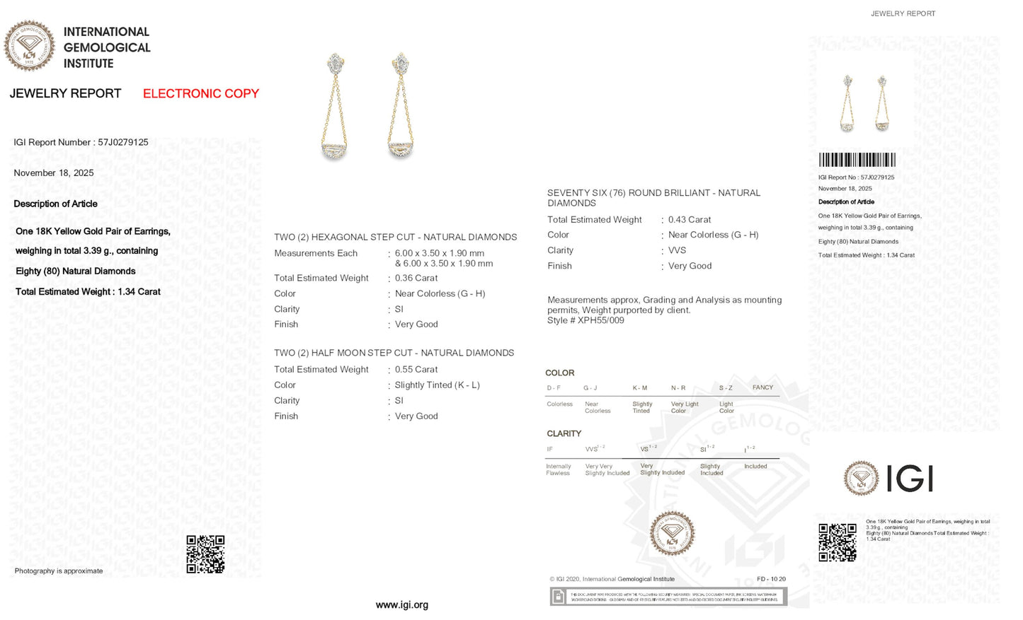 1.34tcw Shield & Half Moon Shape Natural Diamond in a 18k Yellow Gold Dangling Earring, Main Stones: 0.55ct Shields 0.36ct Half Moon +0.43ct Round Stones