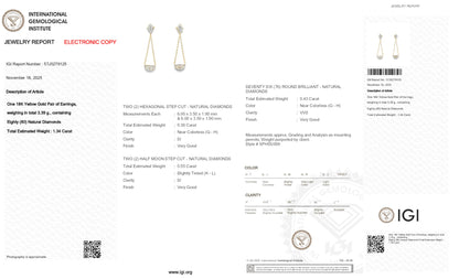 1.34tcw Shield & Half Moon Shape Natural Diamond in a 18k Yellow Gold Dangling Earring, Main Stones: 0.55ct Shields 0.36ct Half Moon +0.43ct Round Stones