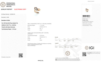 1.33tcw Kite Shape Natural Diamond in a 18k Rose Gold Statement Ring, Main Stone 1.13ct (Kite Shape) + 0.20ct Round Stones, Gold Weight:4.77 Gram