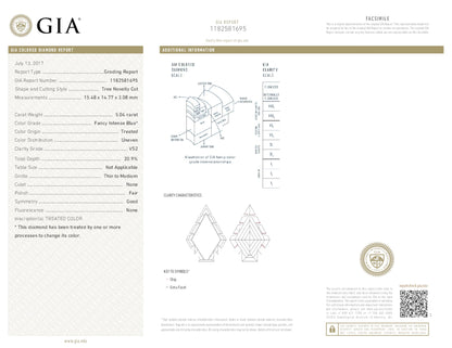 5.04ct Fancy Intense Blue (Treated Color) Christmas Tree Shape Natural Diamond in 18k White Gold Solitaire Pendant