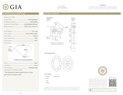 1.01 Ct Oval Fancy Intense Pink (Treated Color) in 18k White Engagement Ring