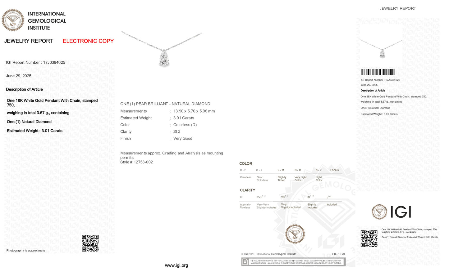 18K White Gold Pear Shape Solitaire Pendant Necklace With 3.01 TCW Natural Diamond