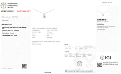 18K White Gold Pear Shape Solitaire Pendant Necklace With 3.01 TCW Natural Diamond