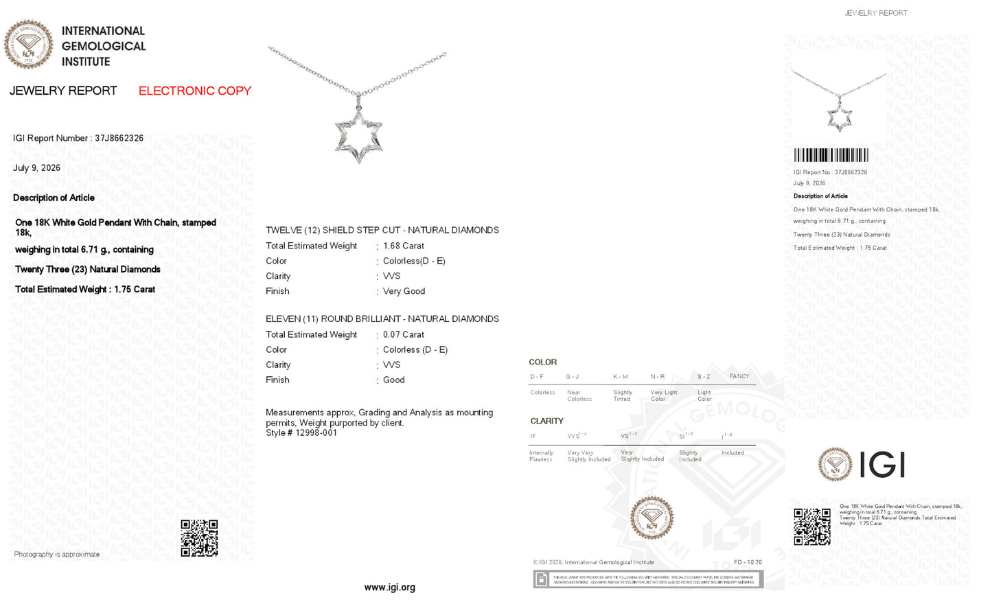 18K White Gold Star of David Pendant Necklace with 1.75ctw Diamonds (D-E, VVS)