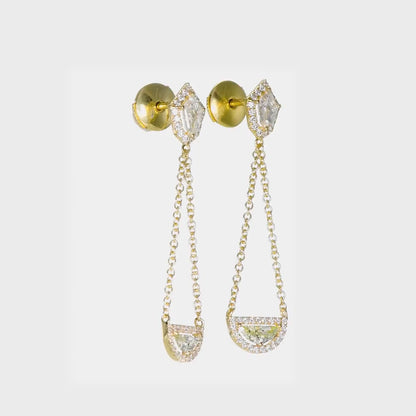 1.34tcw Shield & Half Moon Shape Natural Diamond in a 18k Yellow Gold Dangling Earring, Main Stones: 0.55ct Shields 0.36ct Half Moon +0.43ct Round Stones