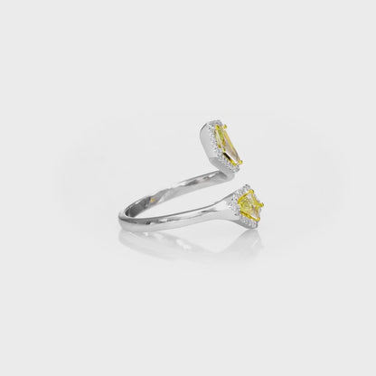 18k White Gold Toi & Moi Ring With 0.83ct Fancy Yellow Pair of Shield Shape Natural Diamond